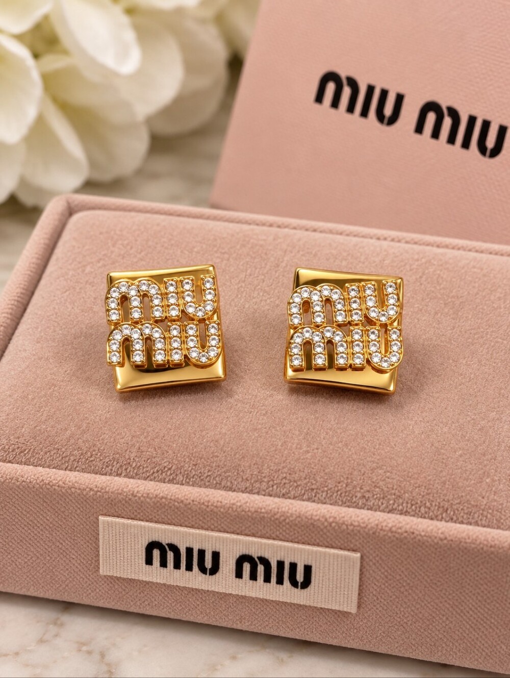 Miu Miu 18kgp Gold Crystal Square Stud Earrings - Gold Tone